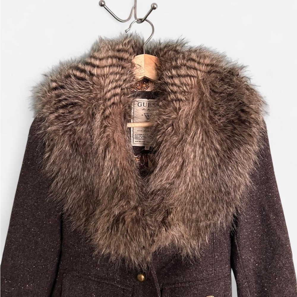 Vintage Guess Dark Brown Wool Blazer with Faux Fur Collar - Picture 4 of 7
